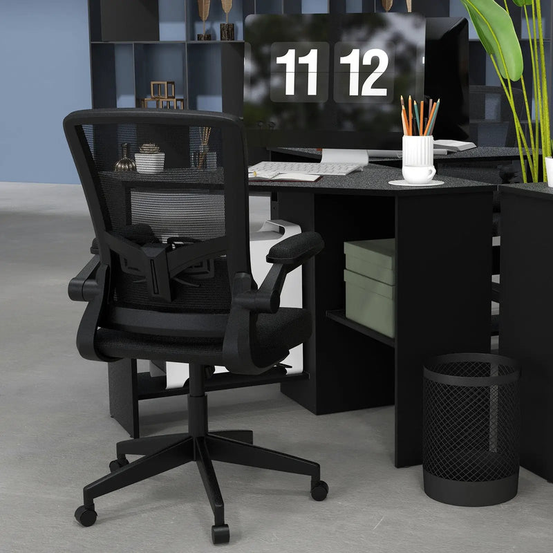Ergonomic Desk Chair with Lumbar Support and Flip up Armrest-Black by DirectDeals