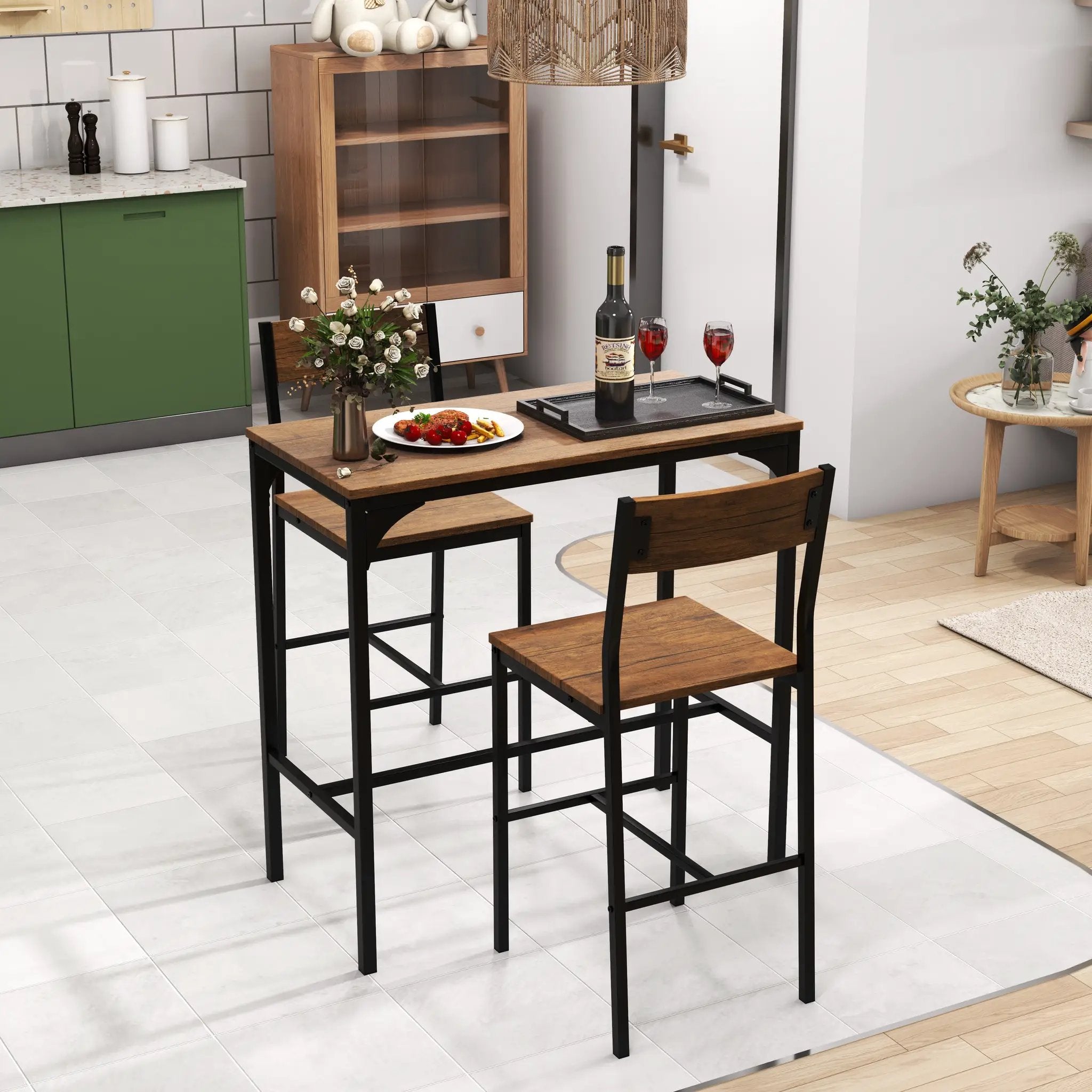 3 Pieces Bar Table Set with 2 Stools-Black by DirectDeals