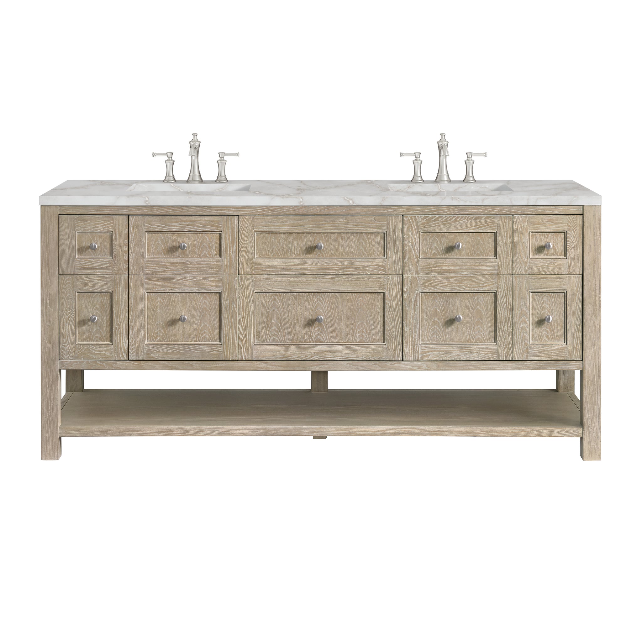 James Martin Breckenridge 72" Double Bathroom Vanity, Whitewashed Oak with Victorian Silver (FreePower) countertop