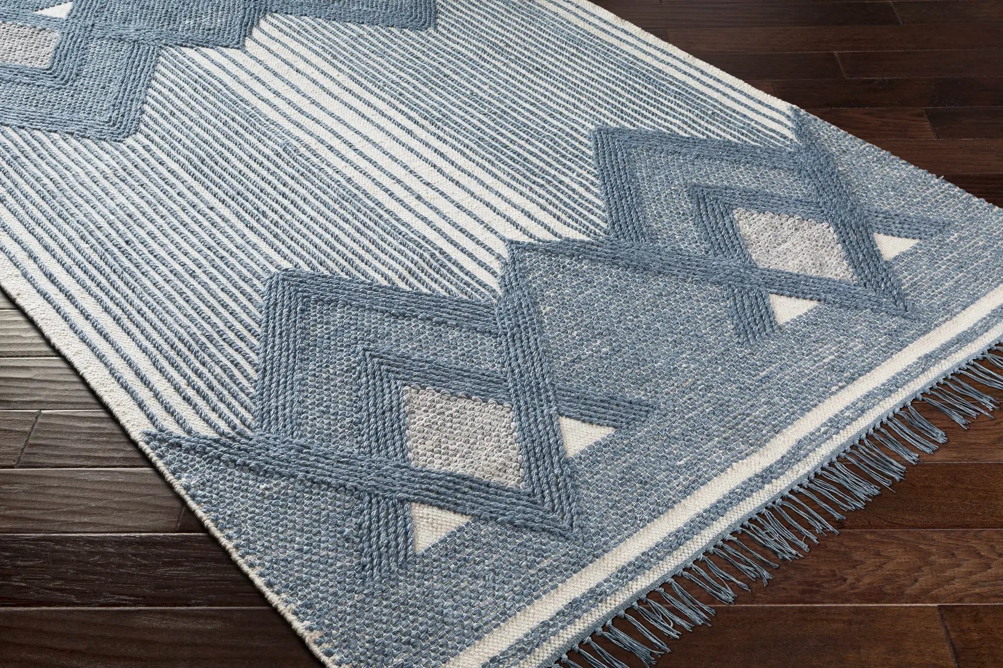 Aldbourne Blue Tassel Flatweave Wool Rug - Clearance by Boutique Rugs