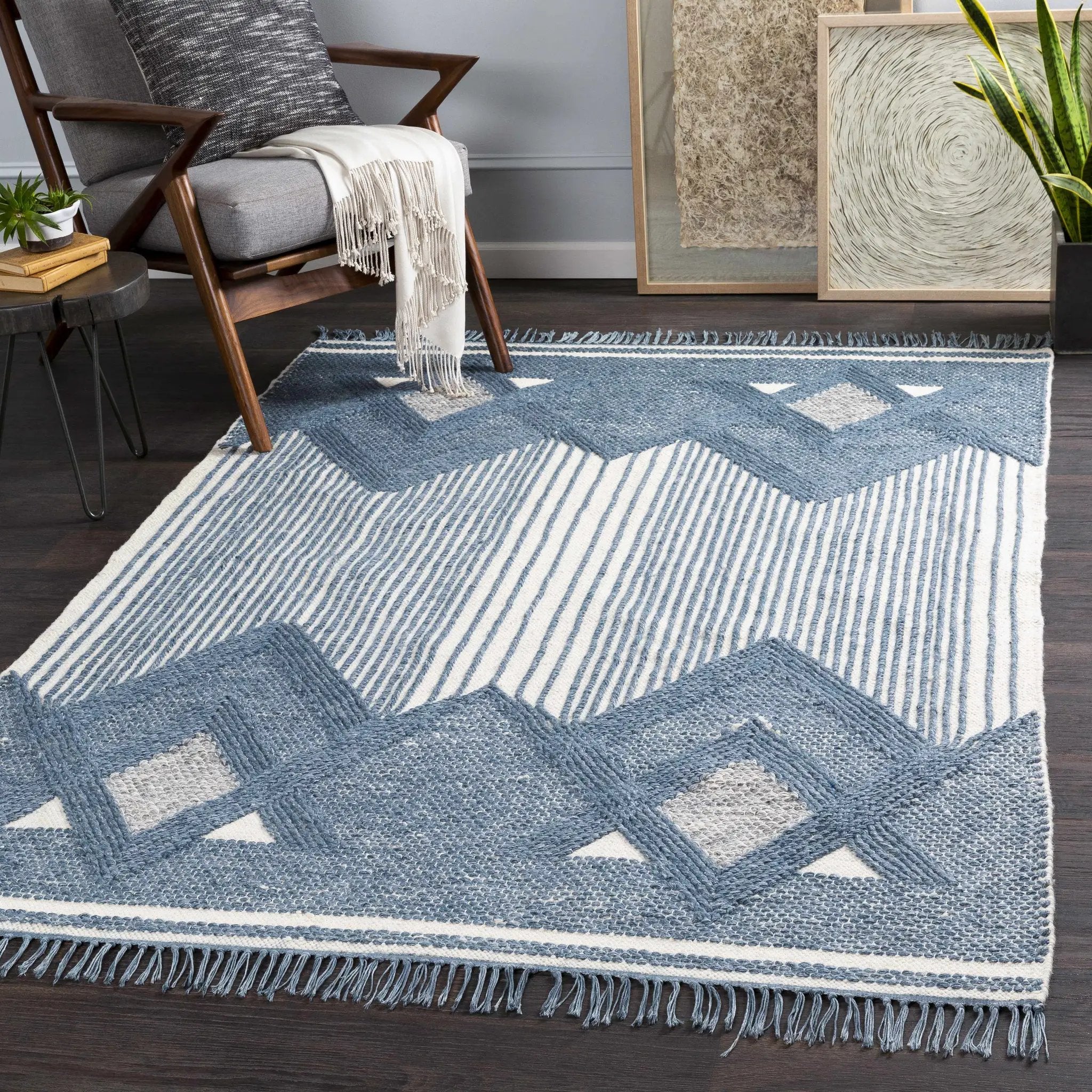 Aldbourne Blue Tassel Flatweave Wool Rug - Clearance by Boutique Rugs