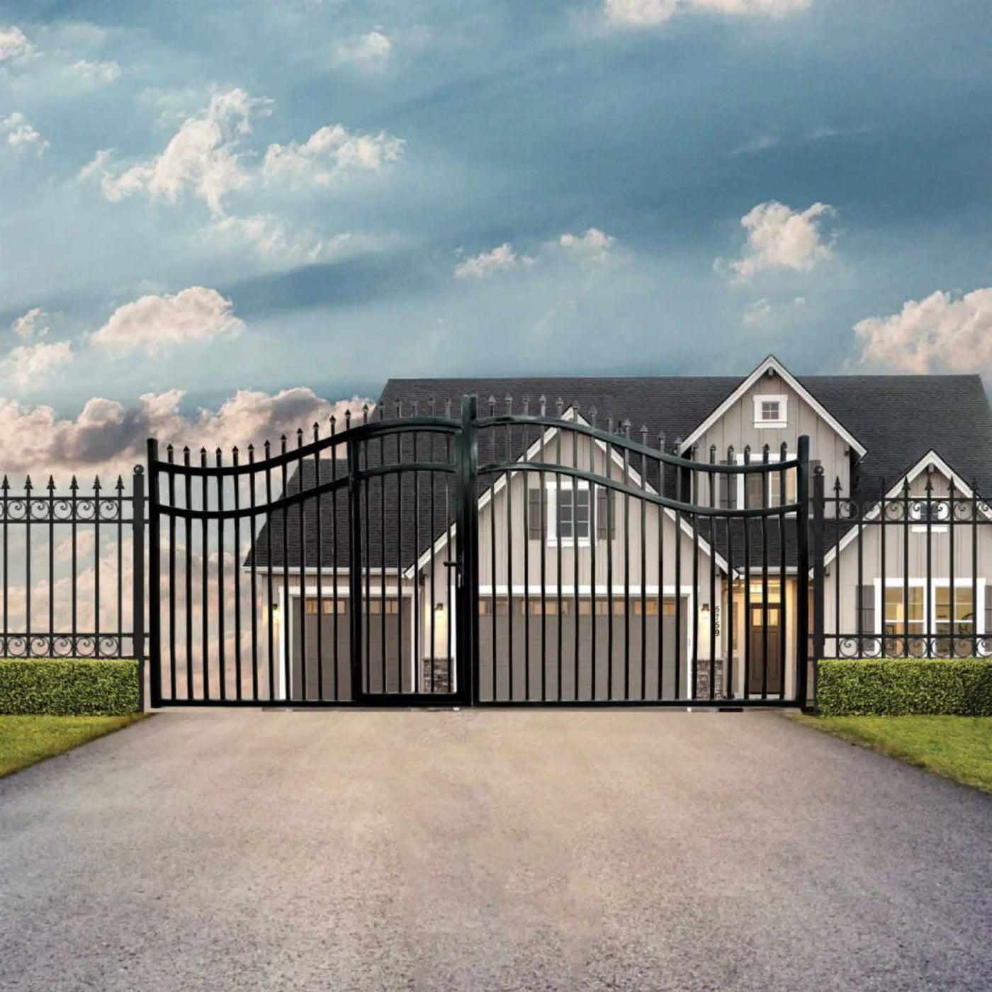 [12-18FT] Heavy-Duty Vienna-Style Steel Dual-Swing Driveway Gate With Built-In Pedestrian Door (SAK75103) by SAKSBY WHOLESALE