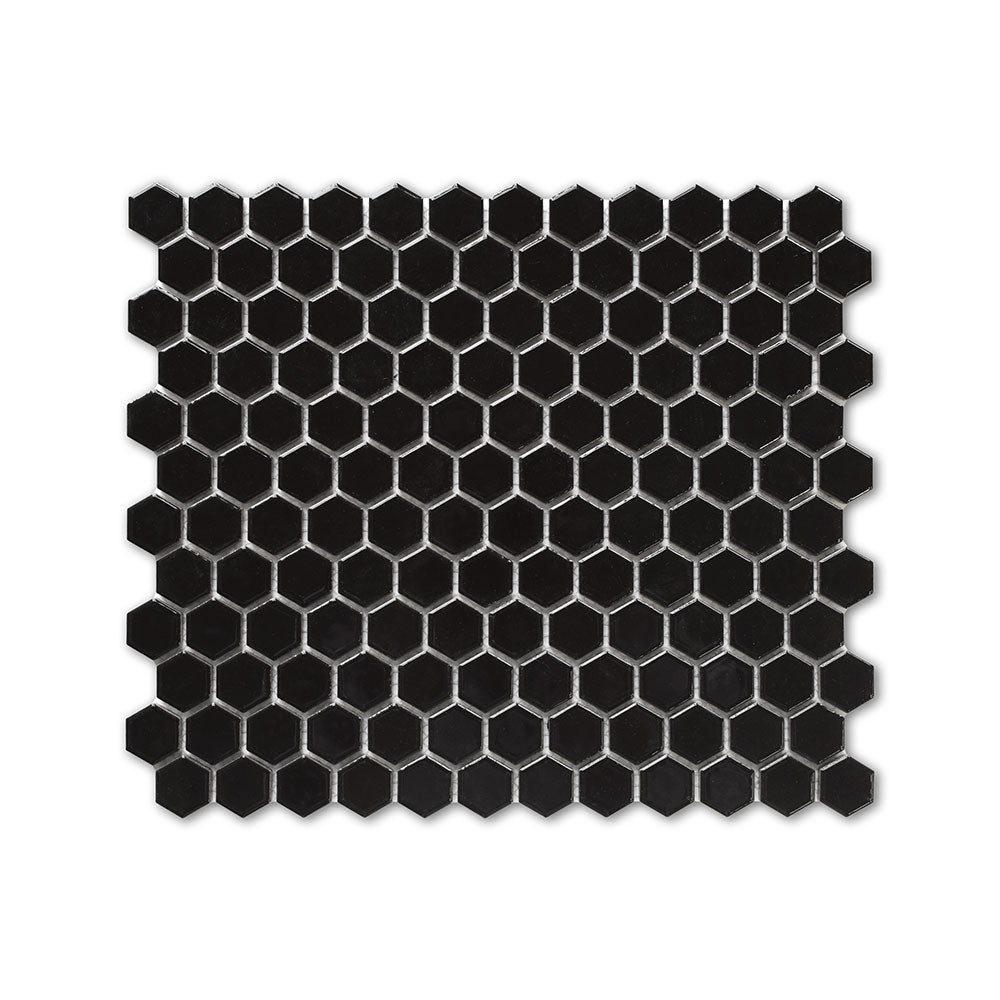 Alpine Glo Black Penny Hexagon Mosaic Porcelain Glossy 12x12 Mosaics