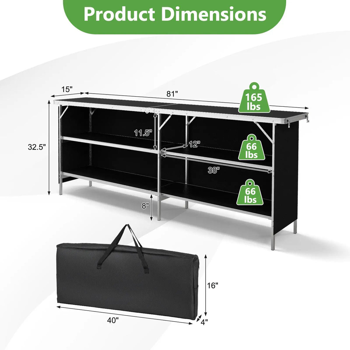 Aluminum Portable Picnic Table with 2-Tier Open Shelves and Spacious Tabletop by DirectDeals