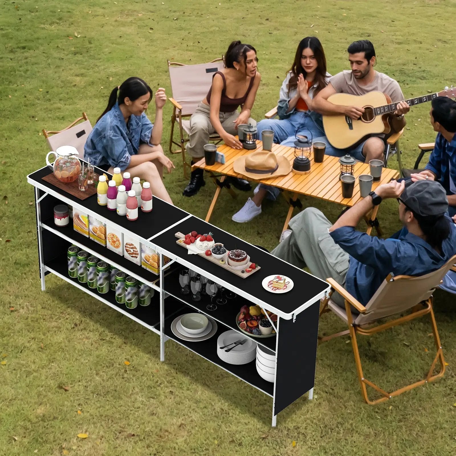 Aluminum Portable Picnic Table with 2-Tier Open Shelves and Spacious T