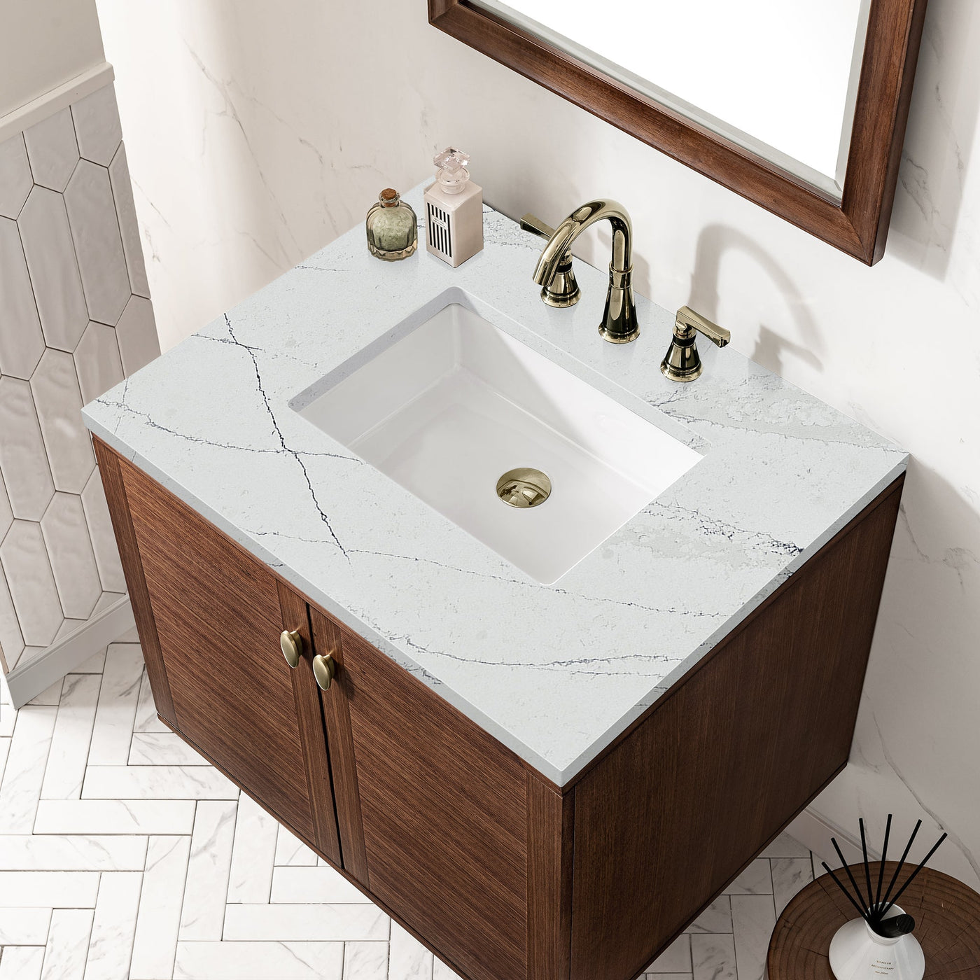 James Martin Amberly 30" Dual Mount Single Bathroom Vanity, Mid-Century Walnut by James Martin
