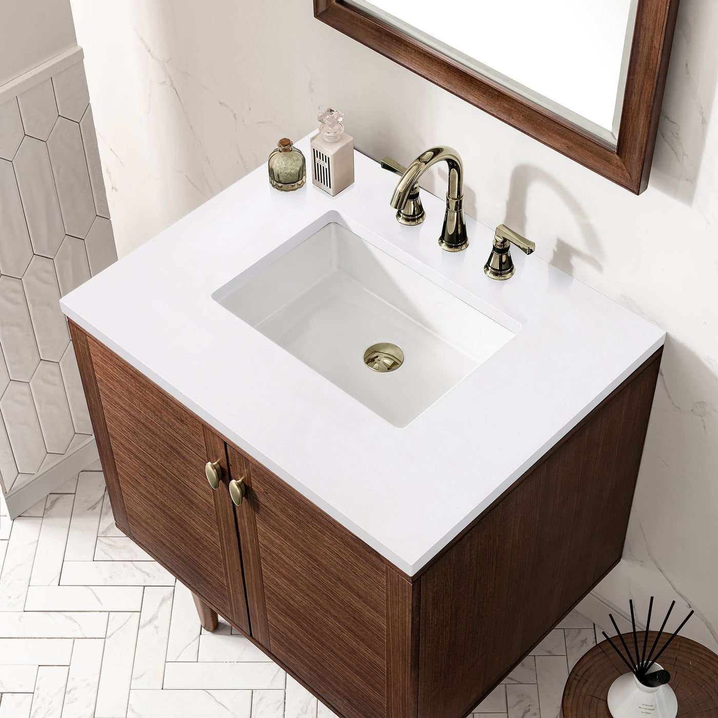 James Martin Amberly 30" Dual Mount Single Bathroom Vanity, Mid-Century Walnut by James Martin