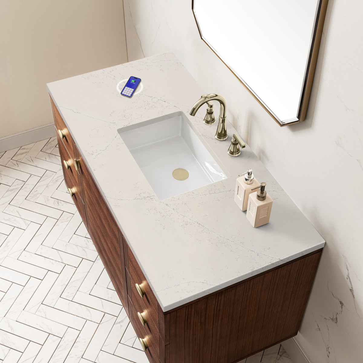 James Martin Amberly 48" Dual Mount Single Bathroom Vanity, Mid-Century Walnut with Siberian (FreePower) countertop
