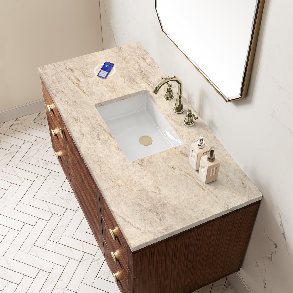 James Martin Amberly 48" Dual Mount Single Bathroom Vanity, Mid-Century Walnut with Tajnar (FreePower) countertop