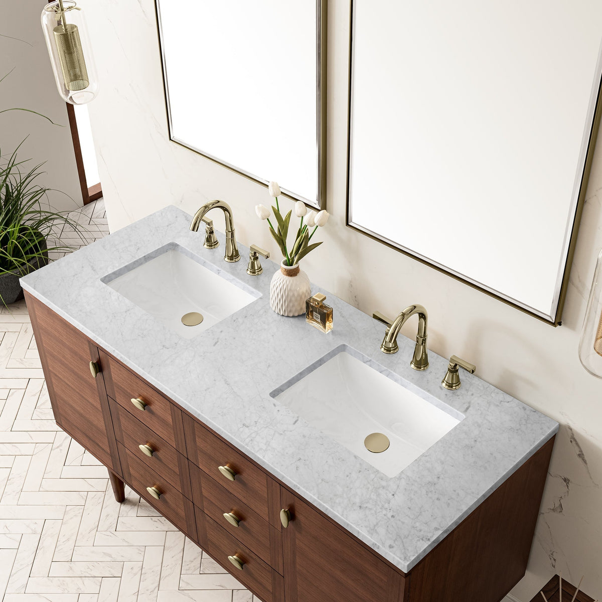 James Martin Amberly 60" Dual Mount Double Bathroom Vanity, Mid-Century Walnut with Carrara White countertop