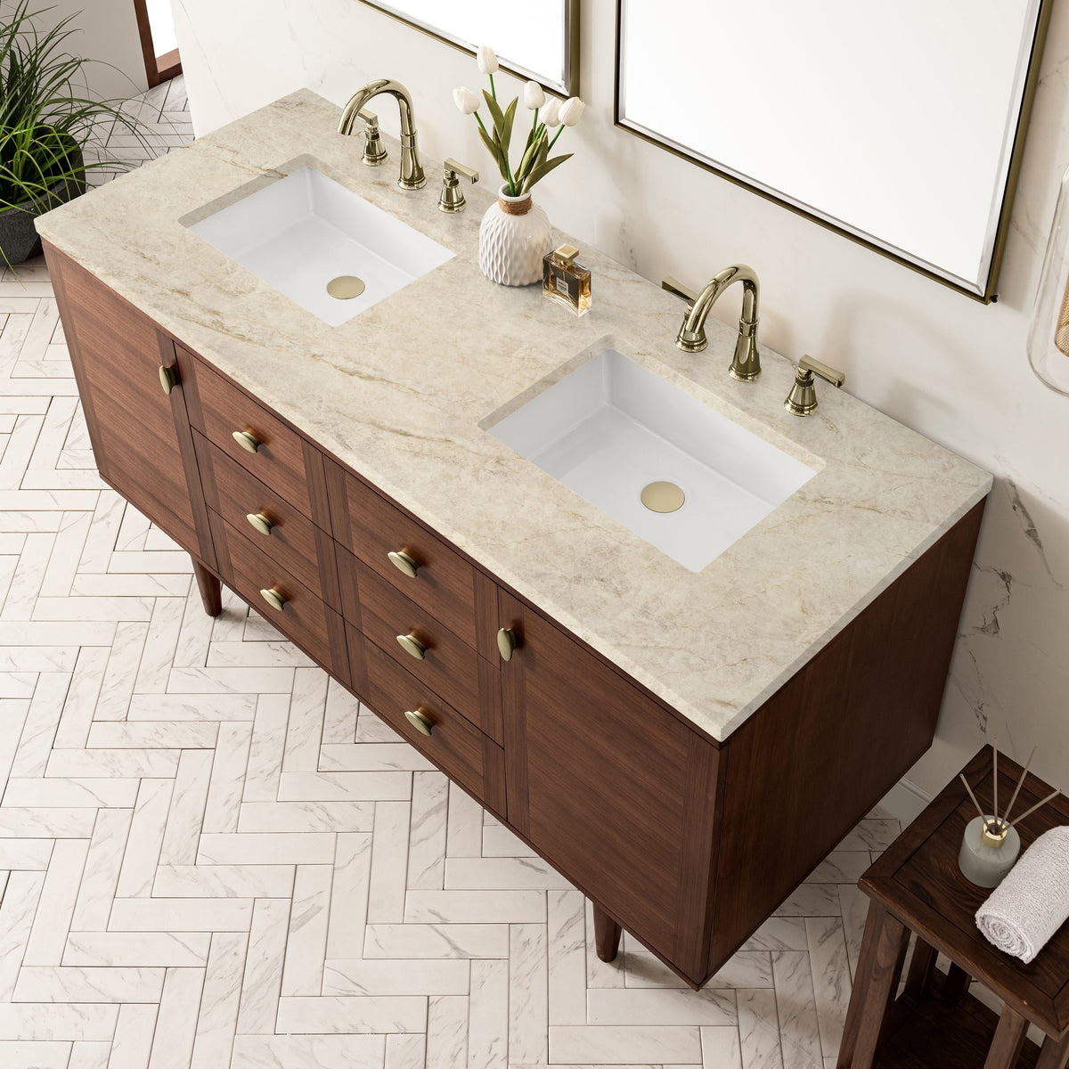 James Martin Amberly 60" Dual Mount Double Bathroom Vanity, Mid-Century Walnut with Tajnar countertop