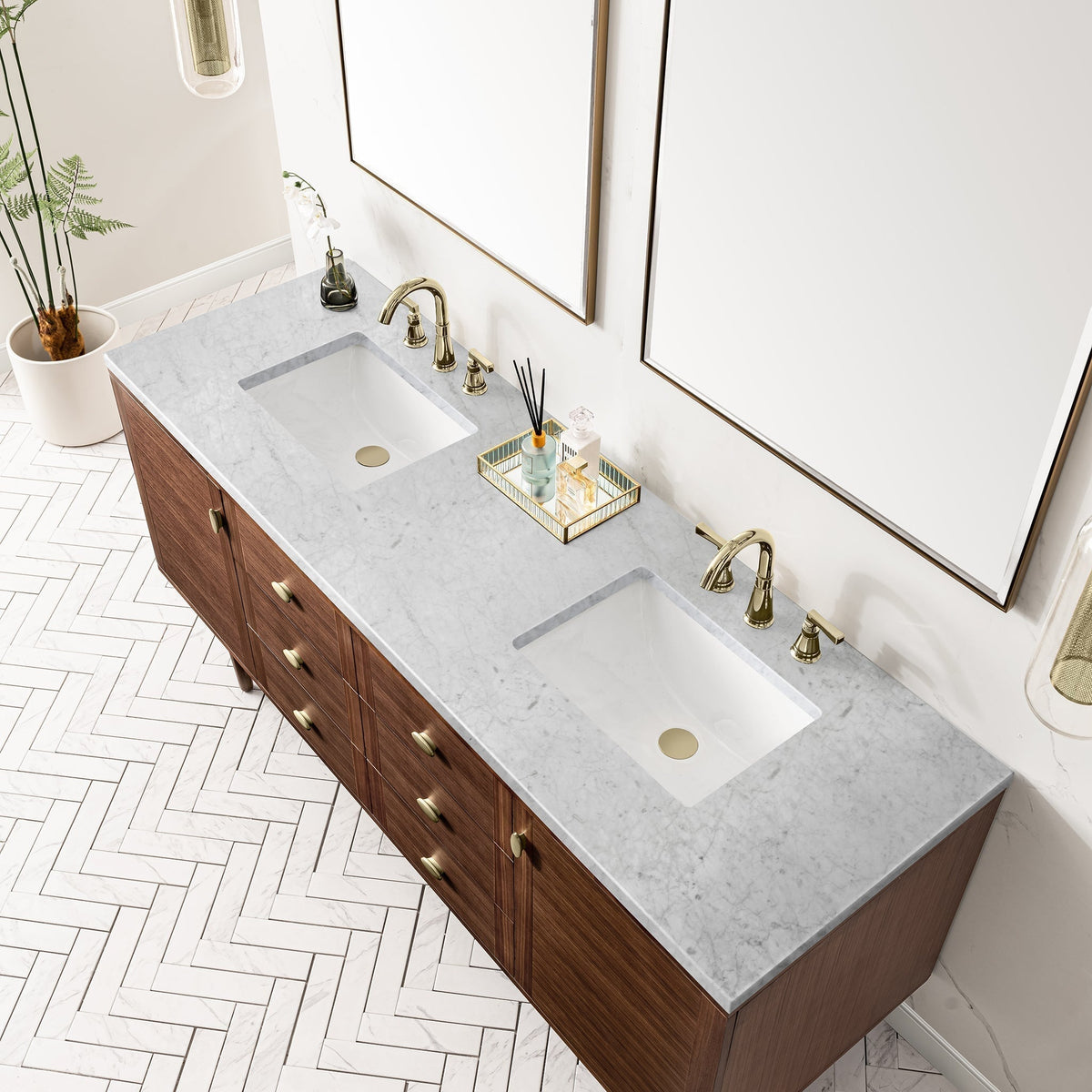 James Martin Amberly 72" Dual Mount Double Bathroom Vanity, Mid-Century Walnut with Carrara White countertop