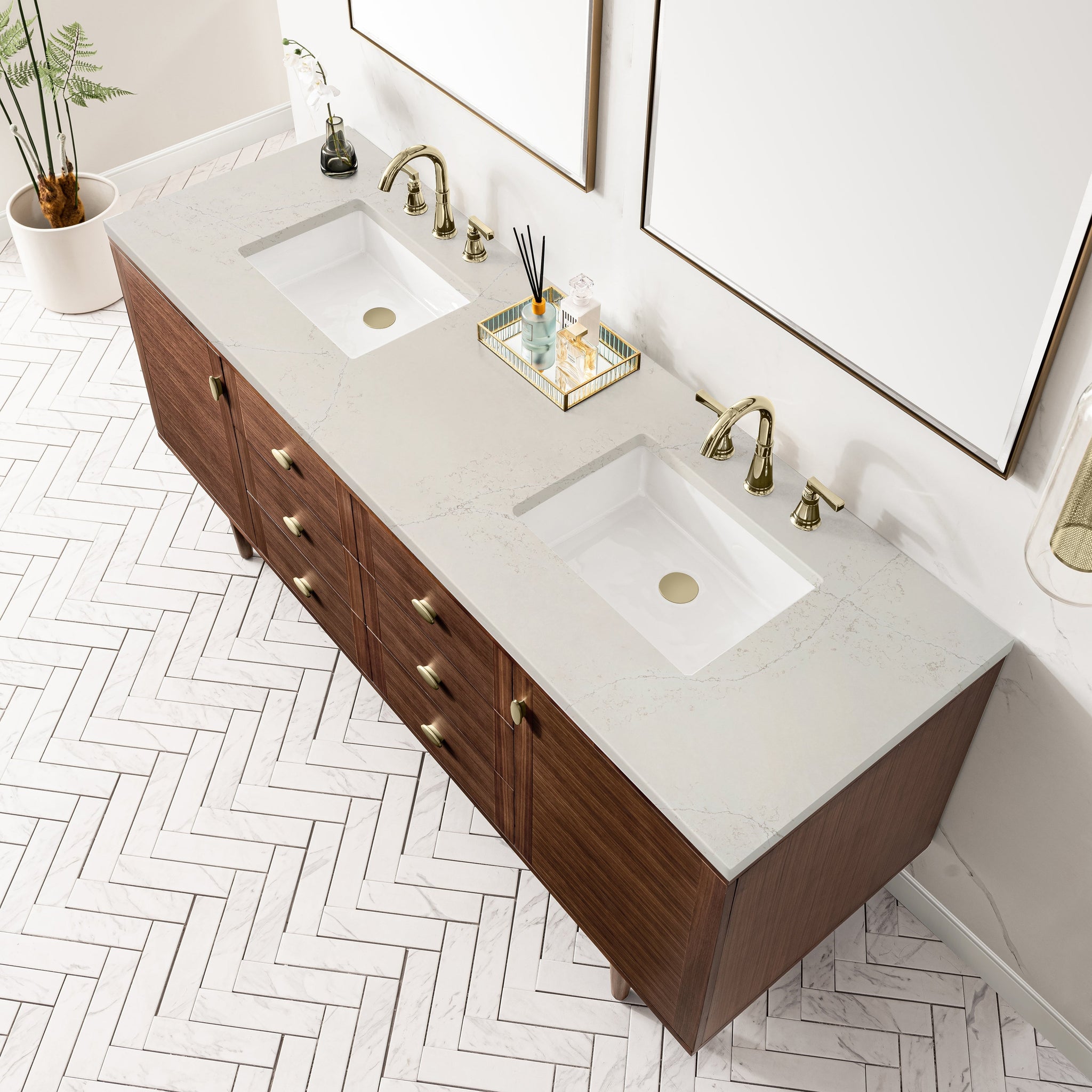 James Martin Amberly 72" Dual Mount Double Bathroom Vanity, Mid-Century Walnut with Siberian countertop