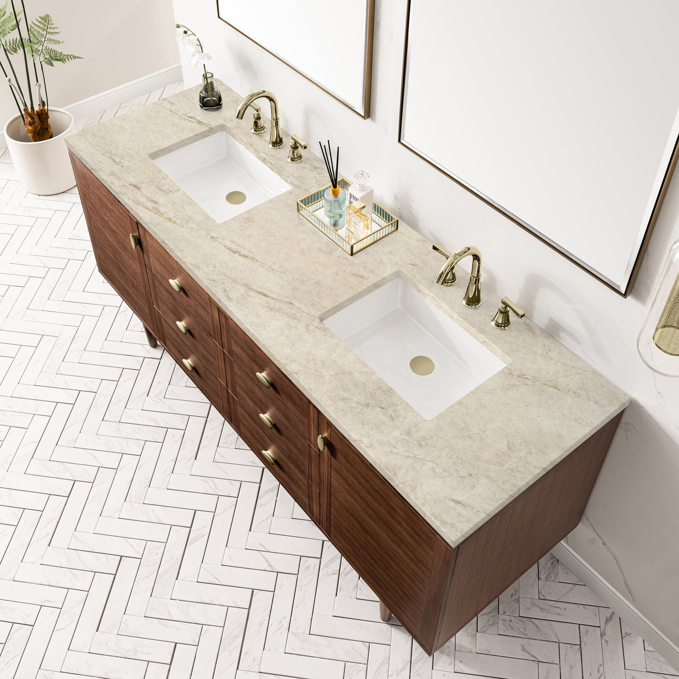 James Martin Amberly 72" Dual Mount Double Bathroom Vanity, Mid-Century Walnut with Tajnar countertop