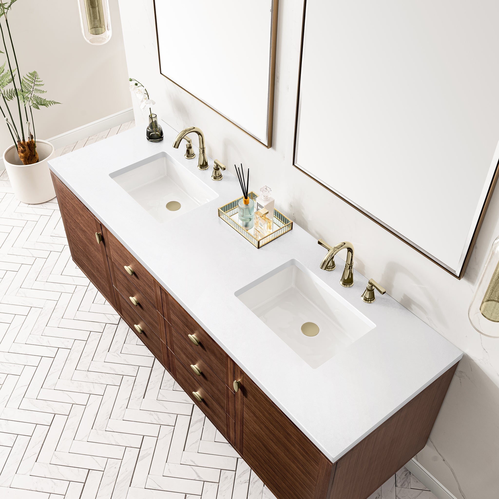 James Martin Amberly 72" Dual Mount Double Bathroom Vanity, Mid-Century Walnut with White Zeus countertop