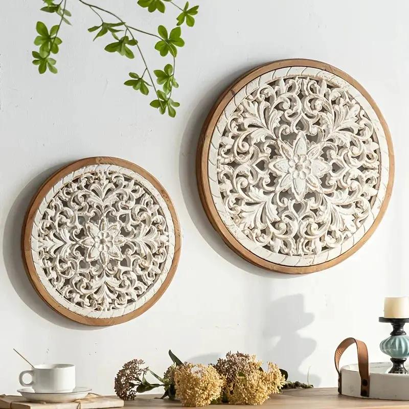 American Style Countryside Retro Carved Flower Design Wall Hanging for Homestay Entrance Living Room Wall Decoration Pendant Circular Wall Hanging by House Of Avana