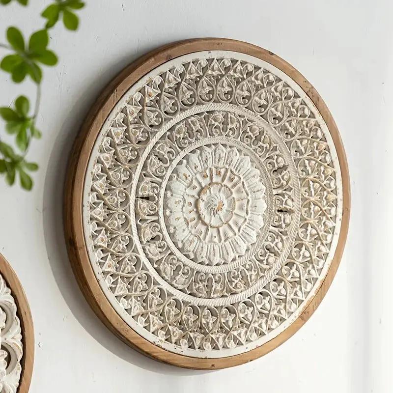 American Style Countryside Retro Carved Flower Design Wall Hanging for Homestay Entrance Living Room Wall Decoration Pendant Circular Wall Hanging by House Of Avana