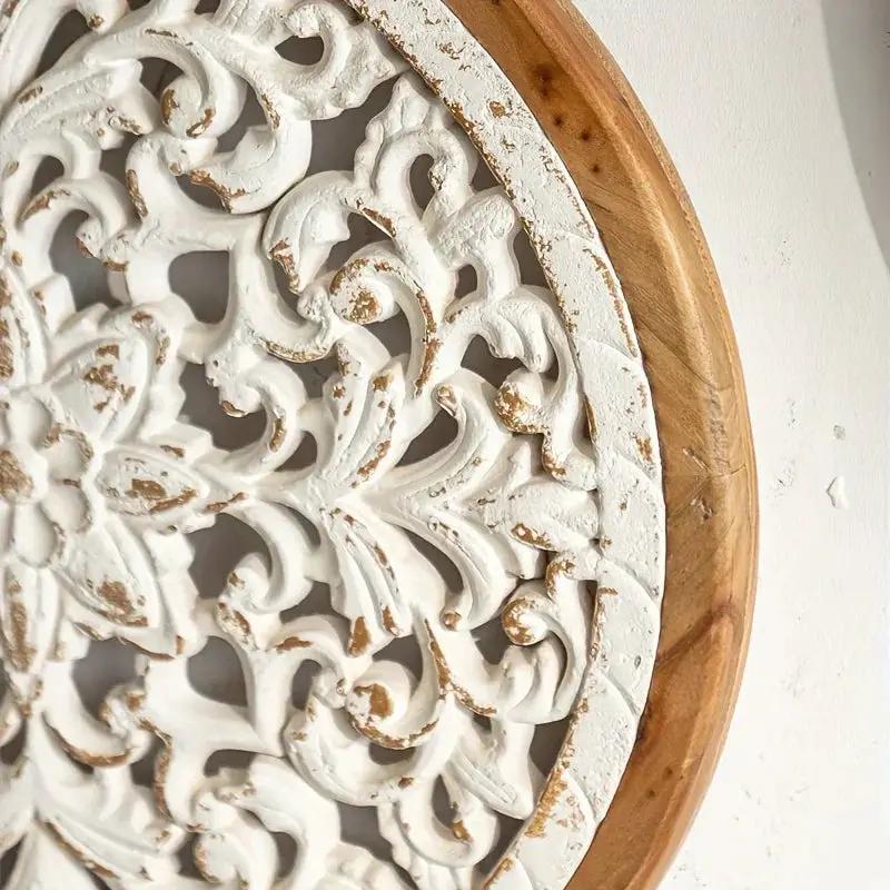 American Style Countryside Retro Carved Flower Design Wall Hanging for Homestay Entrance Living Room Wall Decoration Pendant Circular Wall Hanging by House Of Avana