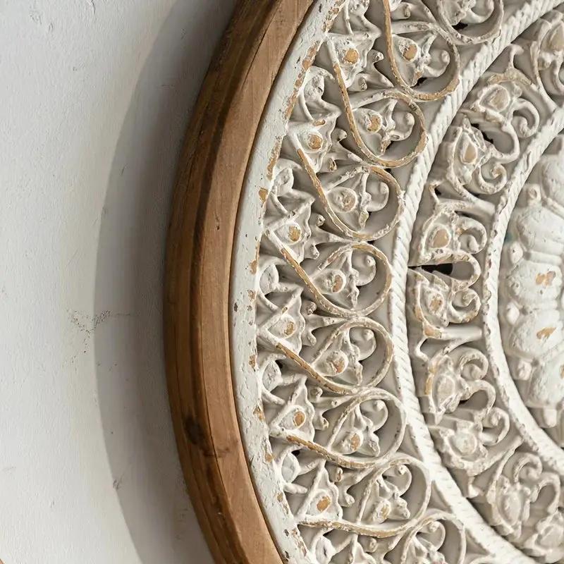 American Style Countryside Retro Carved Flower Design Wall Hanging for Homestay Entrance Living Room Wall Decoration Pendant Circular Wall Hanging by House Of Avana