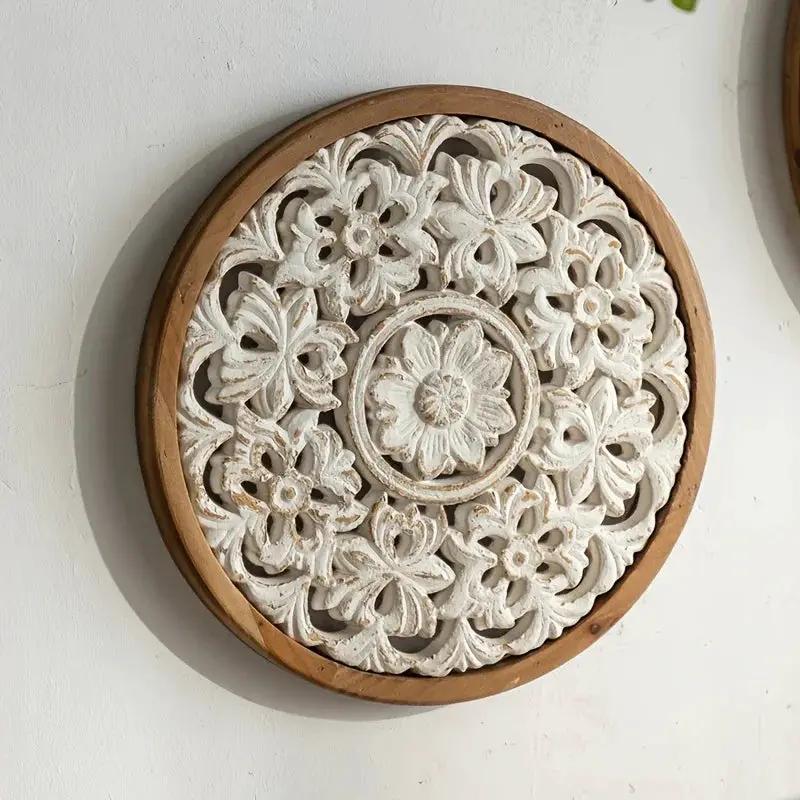 American Style Countryside Retro Carved Flower Design Wall Hanging for Homestay Entrance Living Room Wall Decoration Pendant Circular Wall Hanging by House Of Avana