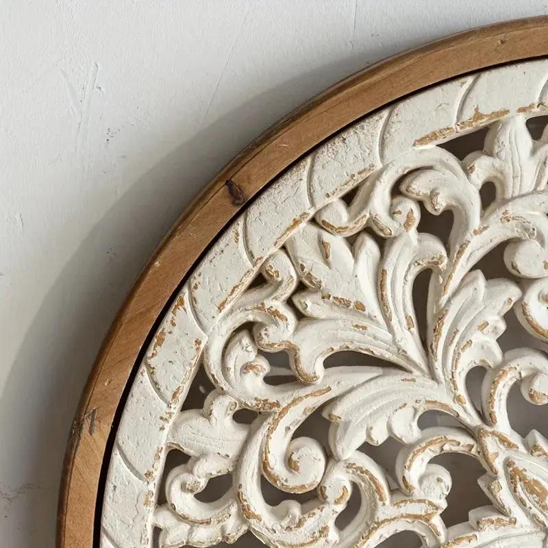 American Style Countryside Retro Carved Flower Design Wall Hanging for Homestay Entrance Living Room Wall Decoration Pendant Circular Wall Hanging by House Of Avana