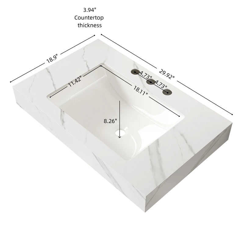 30" Carrara White Sintered Stone Vanity Top with Undermount Ceramic Basin, photo 5 of 5