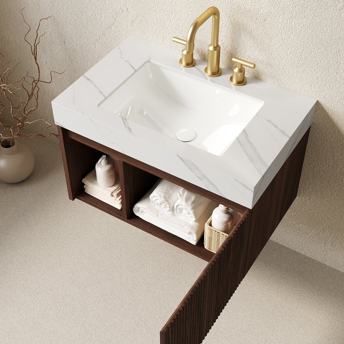 EIDEN 30-Inch Floating Bathroom Vanity with Ceramic Basin, Carrara White and Walnut, photo 2 of 7