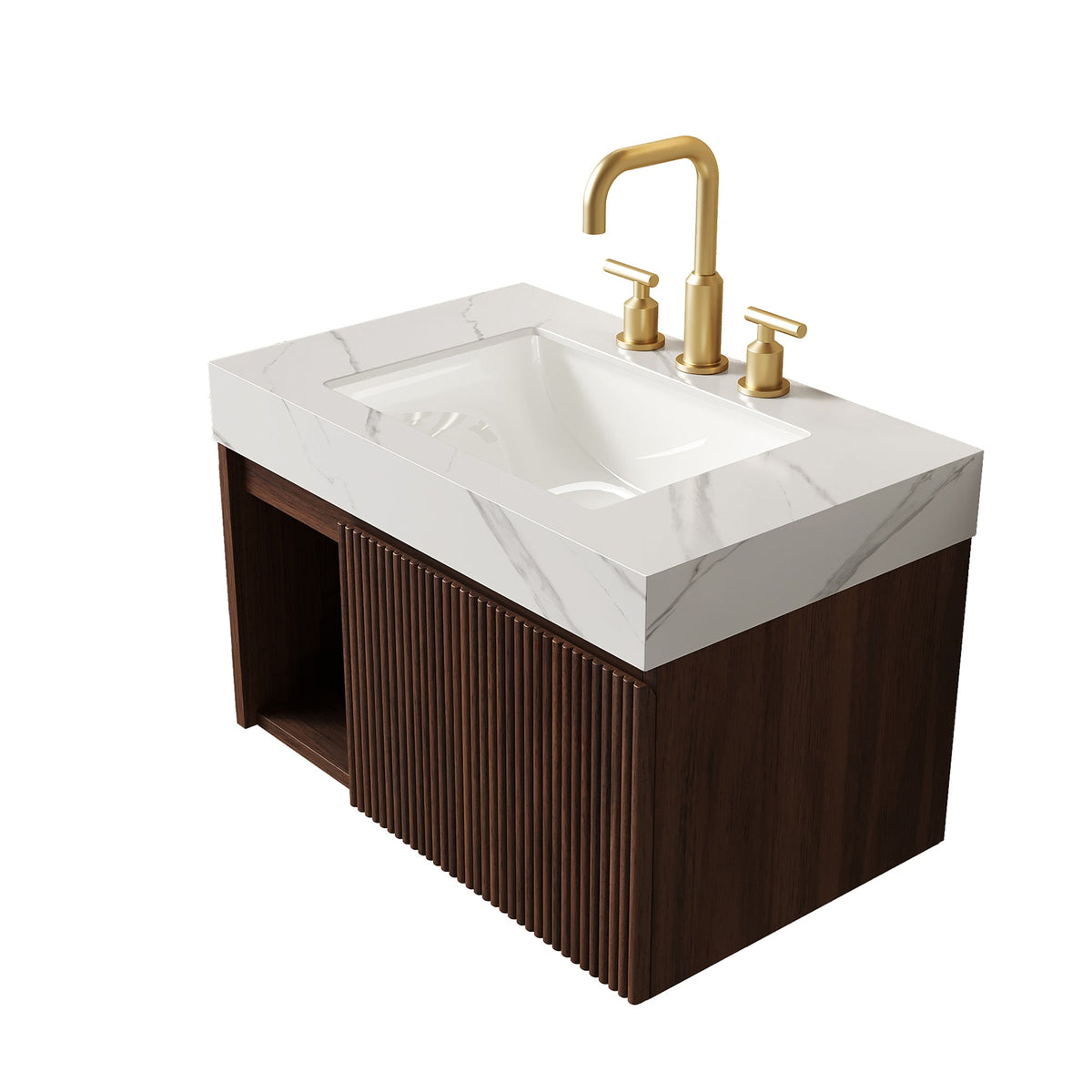 EIDEN 30-Inch Floating Bathroom Vanity with Ceramic Basin, Carrara White and Walnut, photo 4 of 7