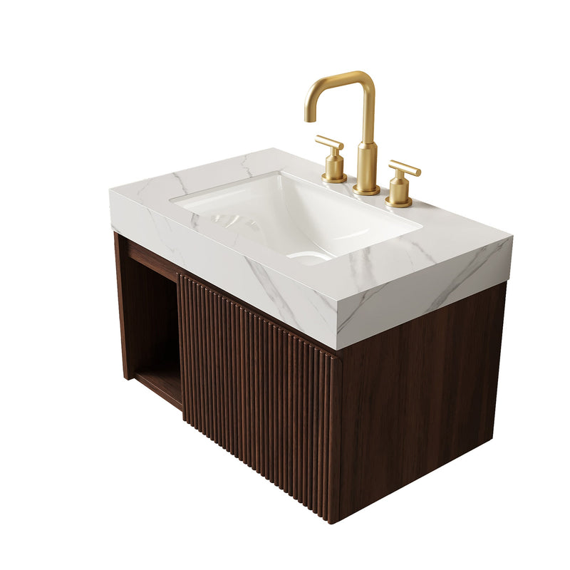 EIDEN 30-Inch Floating Bathroom Vanity with Ceramic Basin, Carrara White and Walnut, photo 4 of 7