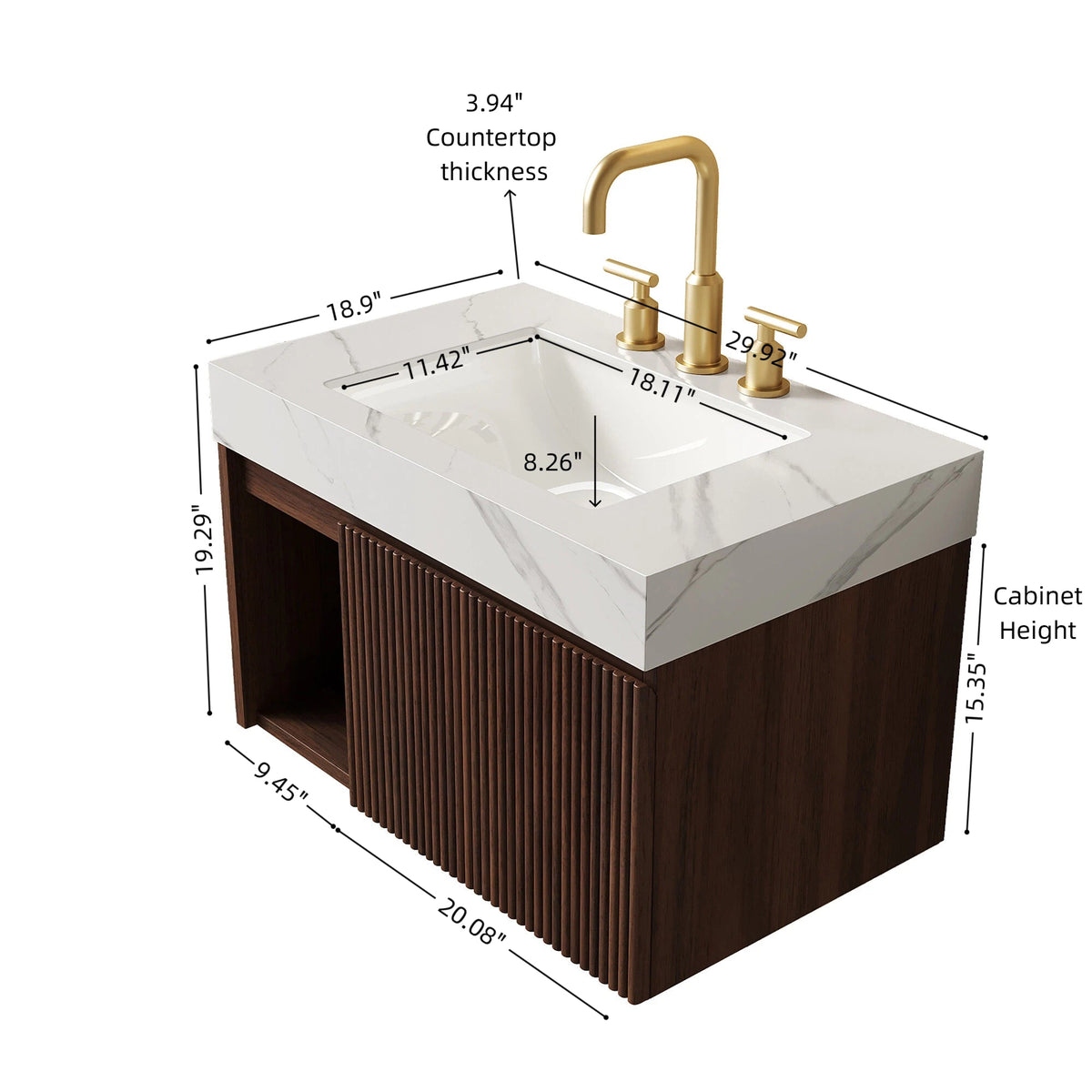 EIDEN 30-Inch Floating Bathroom Vanity with Ceramic Basin, Carrara White and Walnut, photo 5 of 7