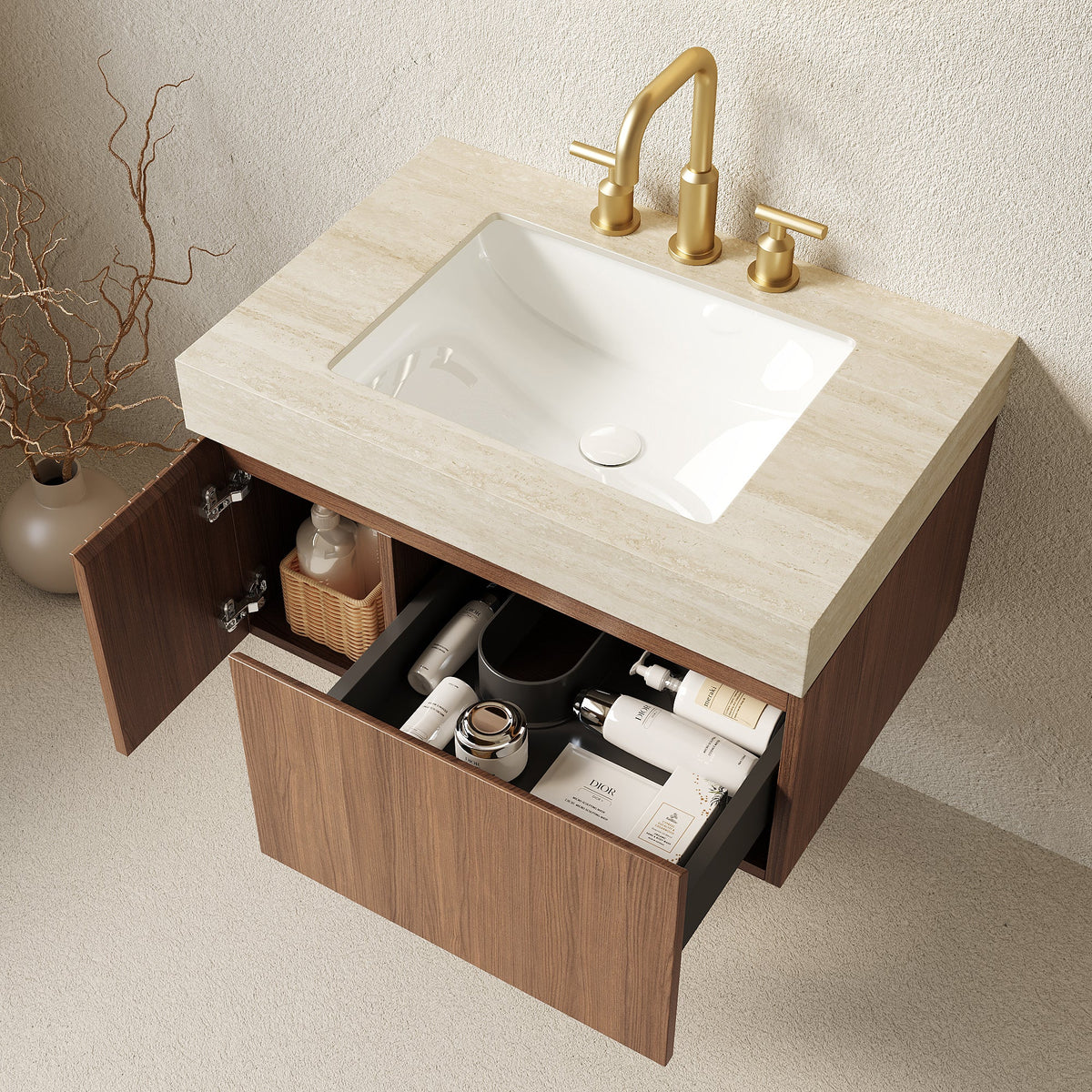 MURI 30" Bathroom Vanity&Sink, Floating Plywood Storage Cabinet with Drawer&Door, Roma Travertine Sintered Stone Top&Ceramic Basin with 3 Pre-drilled Faucet Holes, Pre-assembled, photo 6 of 11