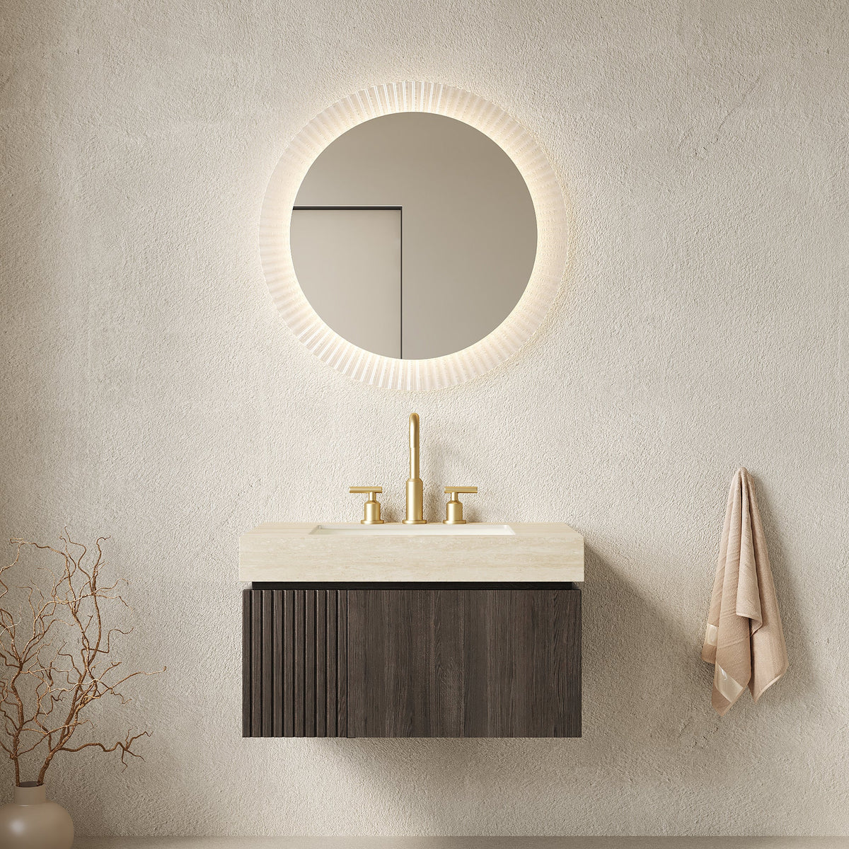 MURI 30" Bathroom Vanity&Sink, Floating Plywood Storage Cabinet with Drawer&Door, Roma Travertine Sintered Stone Top&Ceramic Basin with 3 Pre-drilled Faucet Holes, Pre-assembled, photo 3 of 11