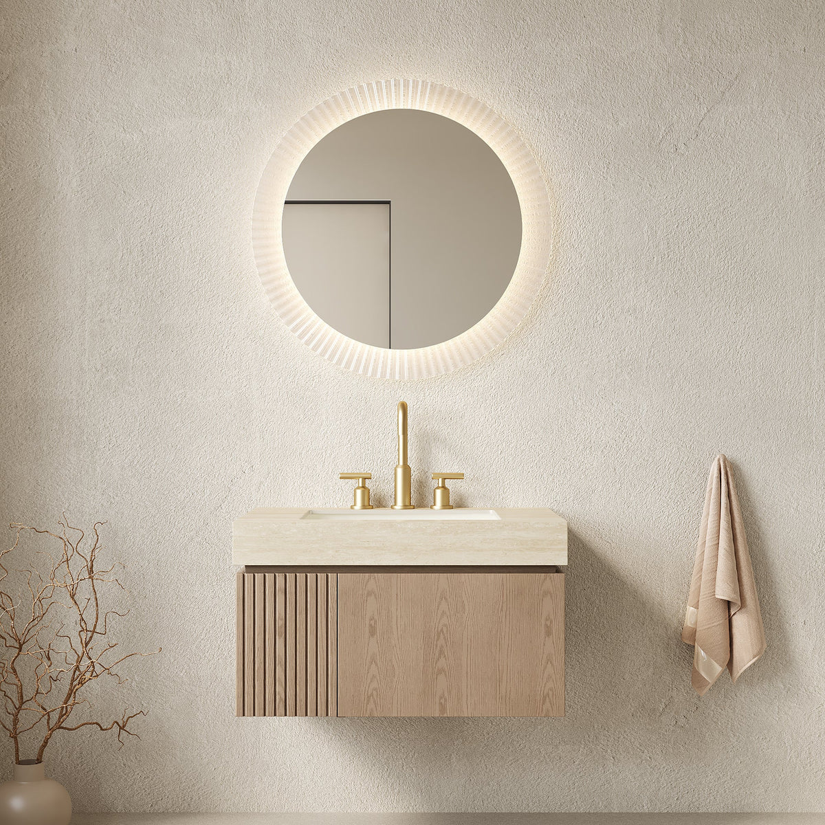 MURI 30" Bathroom Vanity&Sink, Floating Plywood Storage Cabinet with Drawer&Door, Roma Travertine Sintered Stone Top&Ceramic Basin with 3 Pre-drilled Faucet Holes, Pre-assembled, photo 4 of 11
