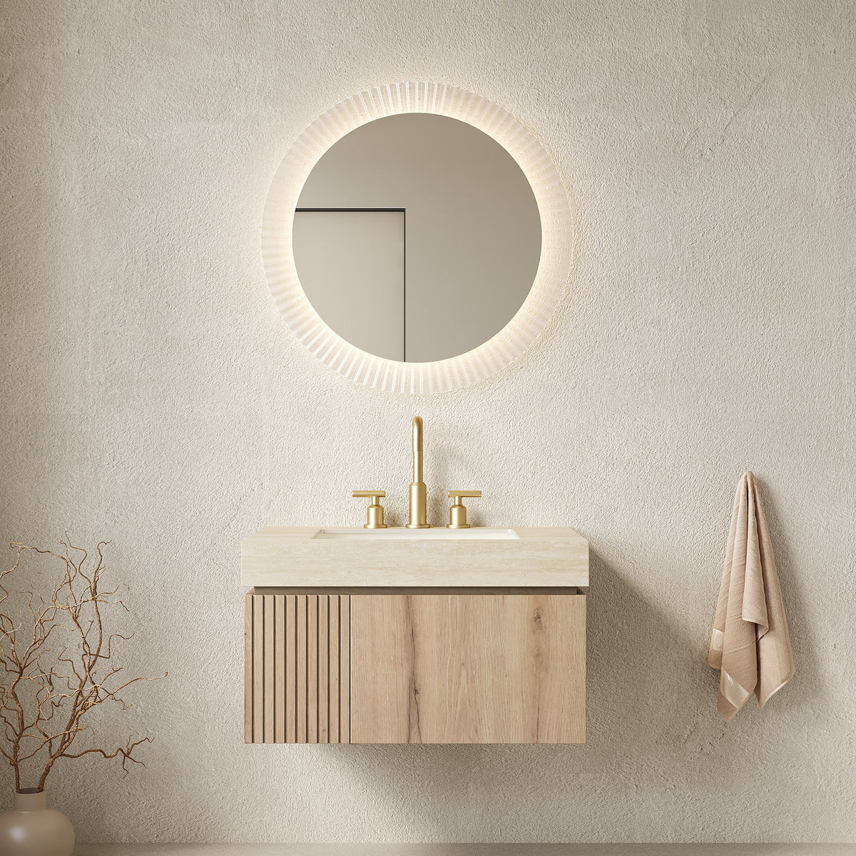 MURI 30" Bathroom Vanity&Sink, Floating Plywood Storage Cabinet with Drawer&Door, Roma Travertine Sintered Stone Top&Ceramic Basin with 3 Pre-drilled Faucet Holes, Pre-assembled, photo 2 of 11