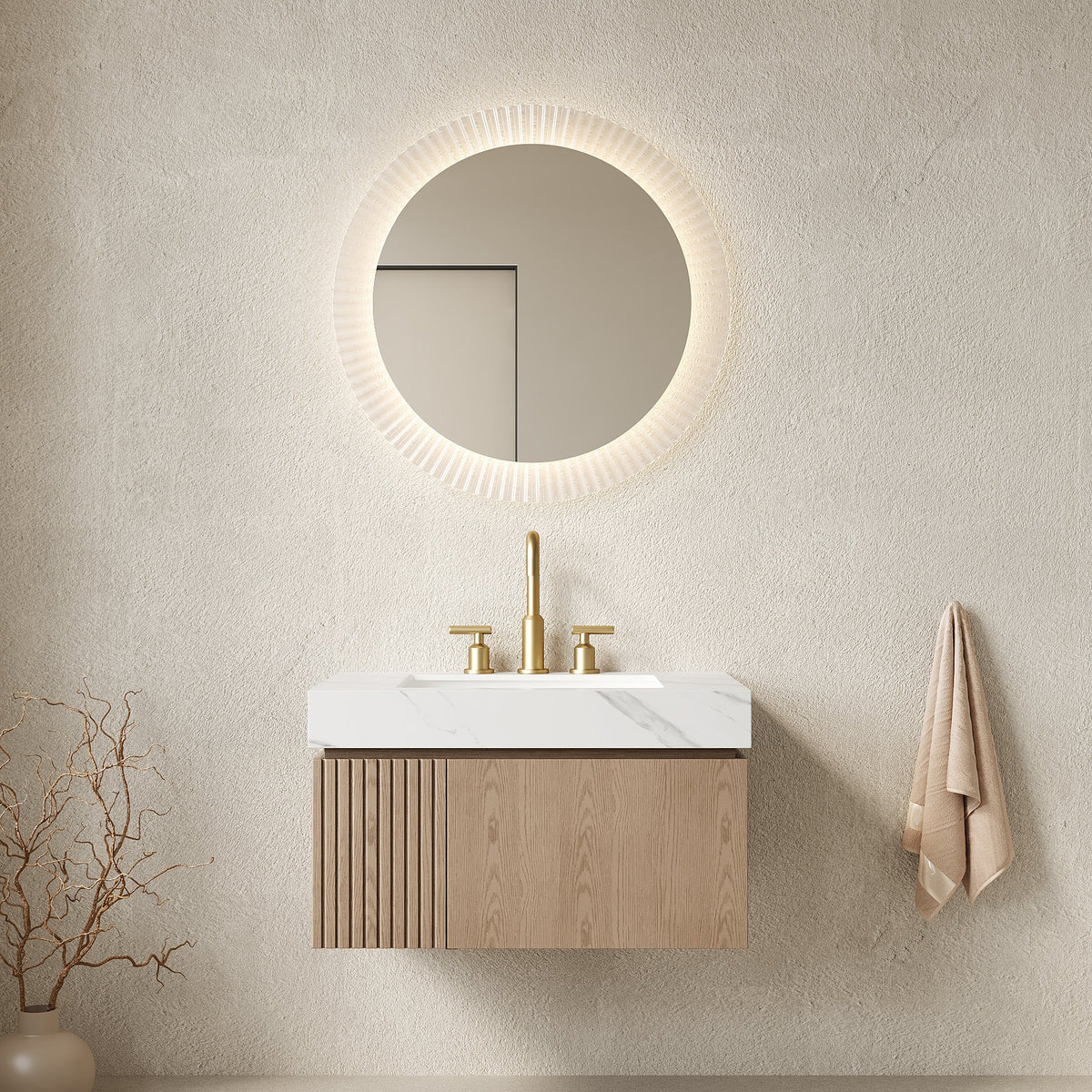 MURI 30" Bathroom Vanity&Sink, Floating Plywood Storage Cabinet with Drawer&Door, Roma Travertine Sintered Stone Top&Ceramic Basin with 3 Pre-drilled Faucet Holes, Pre-assembled, photo 5 of 11