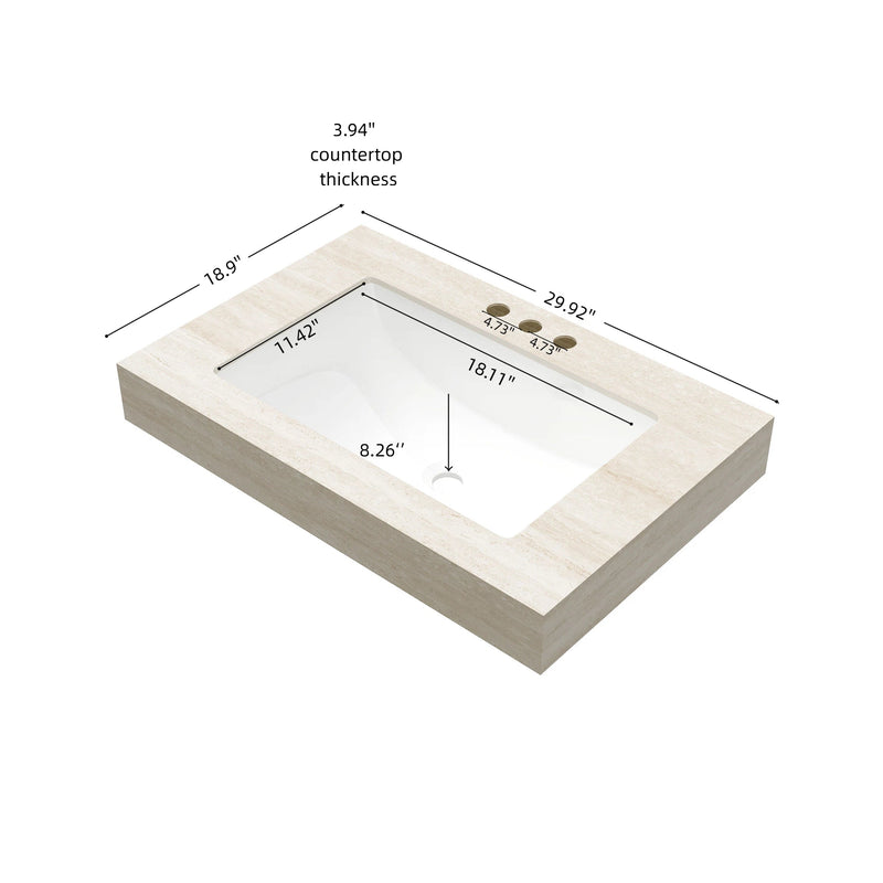 MURI Roma 30-Inch Vanity Top with Undermount Ceramic Basin, Travertine-Pattern Sintered Stone, Beige, photo 3 of 7