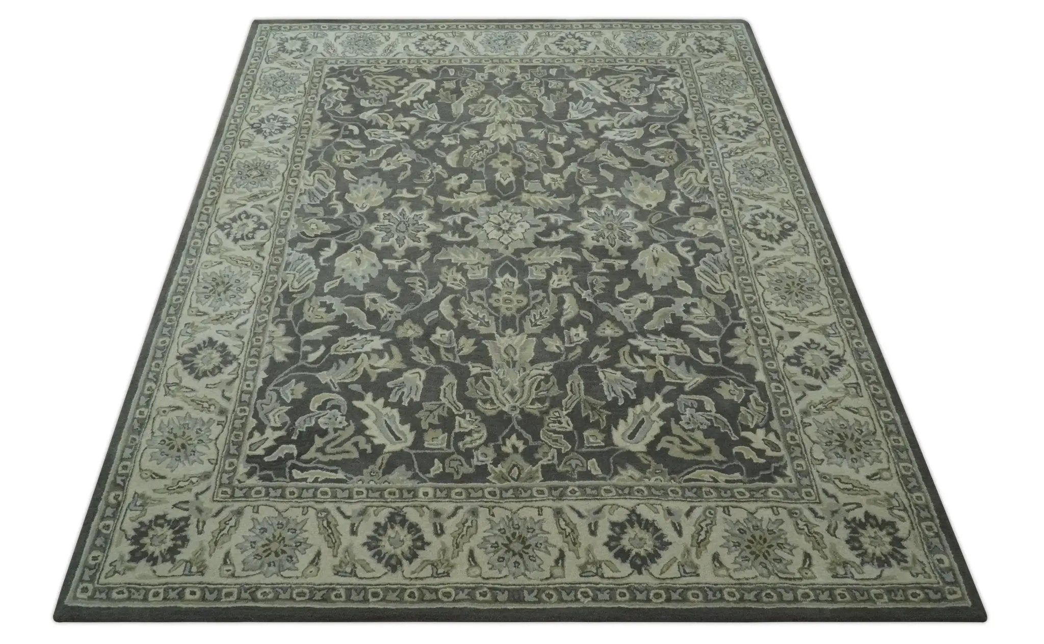 Antique Design 8x10 Charcoal and Beige Traditional Floral Hand Tufted rug by The Rug Decor