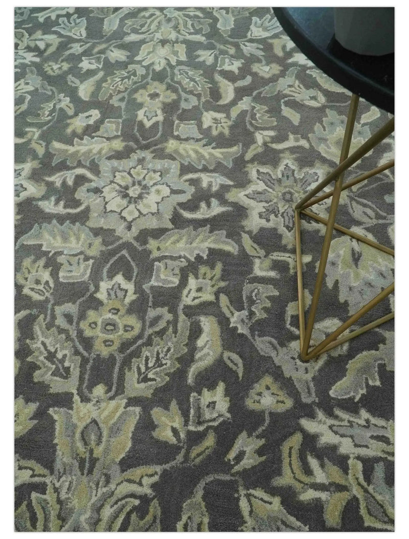 Antique Design 8x10 Charcoal and Beige Traditional Floral Hand Tufted rug by The Rug Decor