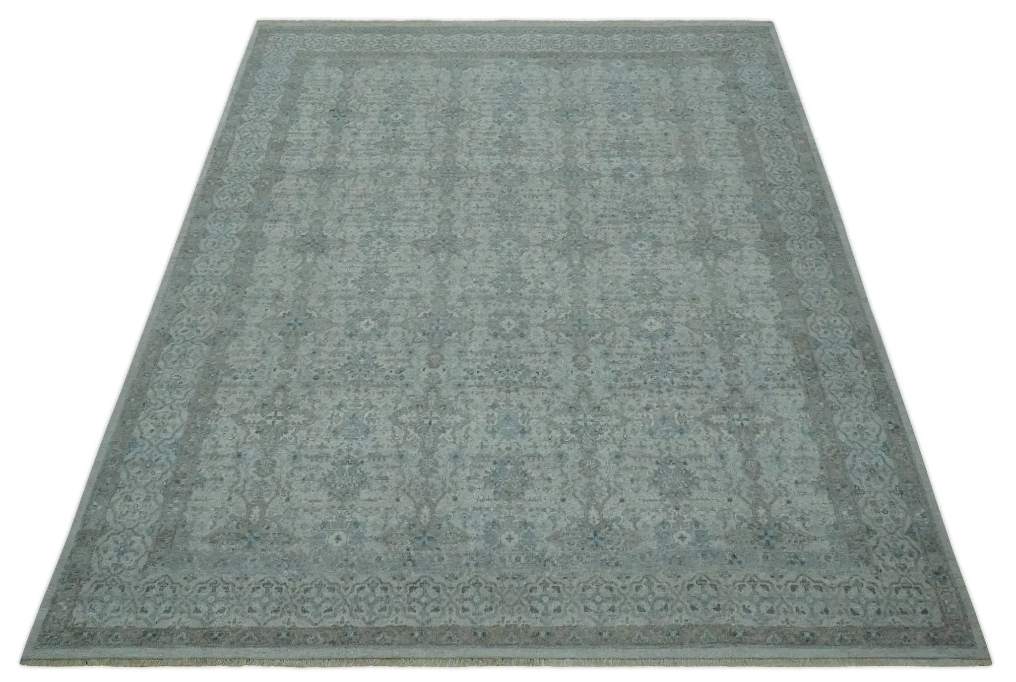 Antique Distress finish Silver, Teal and Brown Hand Knotted Traditional 8x10 wool Rug by The Rug Decor