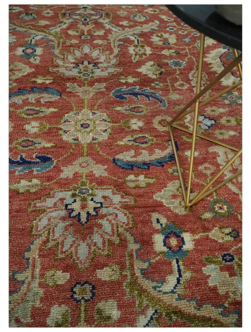 Antique Floral Style Rust, Teal, Ivory and Olive Hand Knotted Oriental Oushak 8x10 Wool Area Rug by The Rug Decor