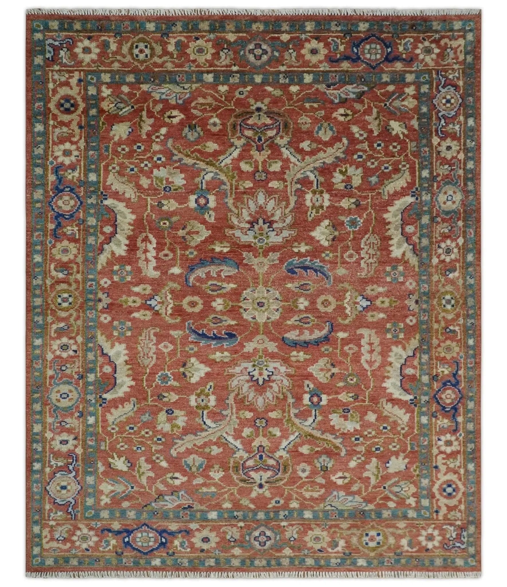 Antique Floral Style Rust, Teal, Ivory and Olive Hand Knotted Oriental Oushak 8x10 Wool Area Rug by The Rug Decor
