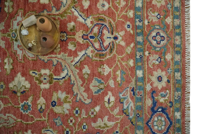 Antique Floral Style Rust, Teal, Ivory and Olive Hand Knotted Oriental Oushak 8x10 Wool Area Rug by The Rug Decor