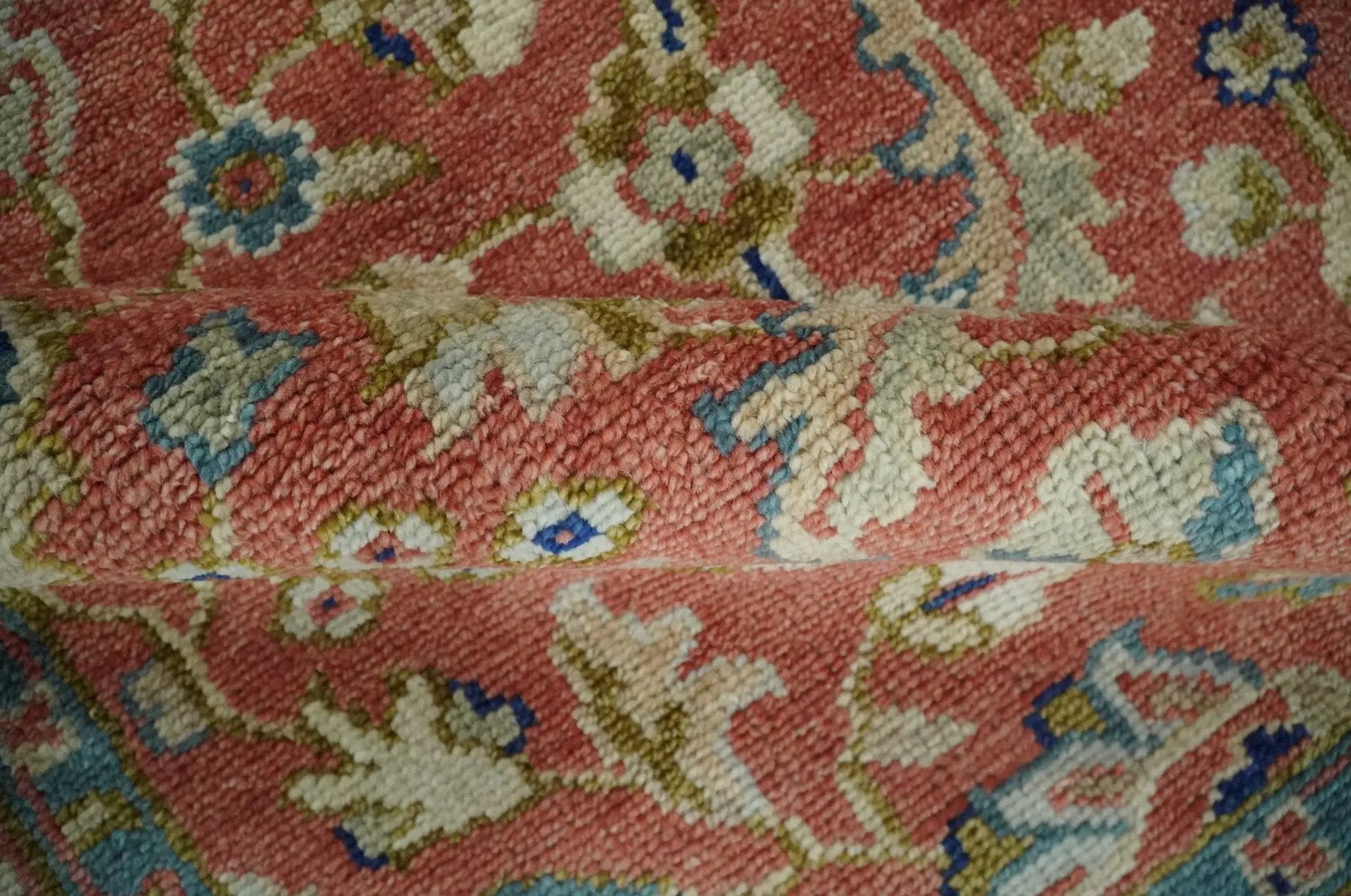 Antique Floral Style Rust, Teal, Ivory and Olive Hand Knotted Oriental Oushak 8x10 Wool Area Rug by The Rug Decor