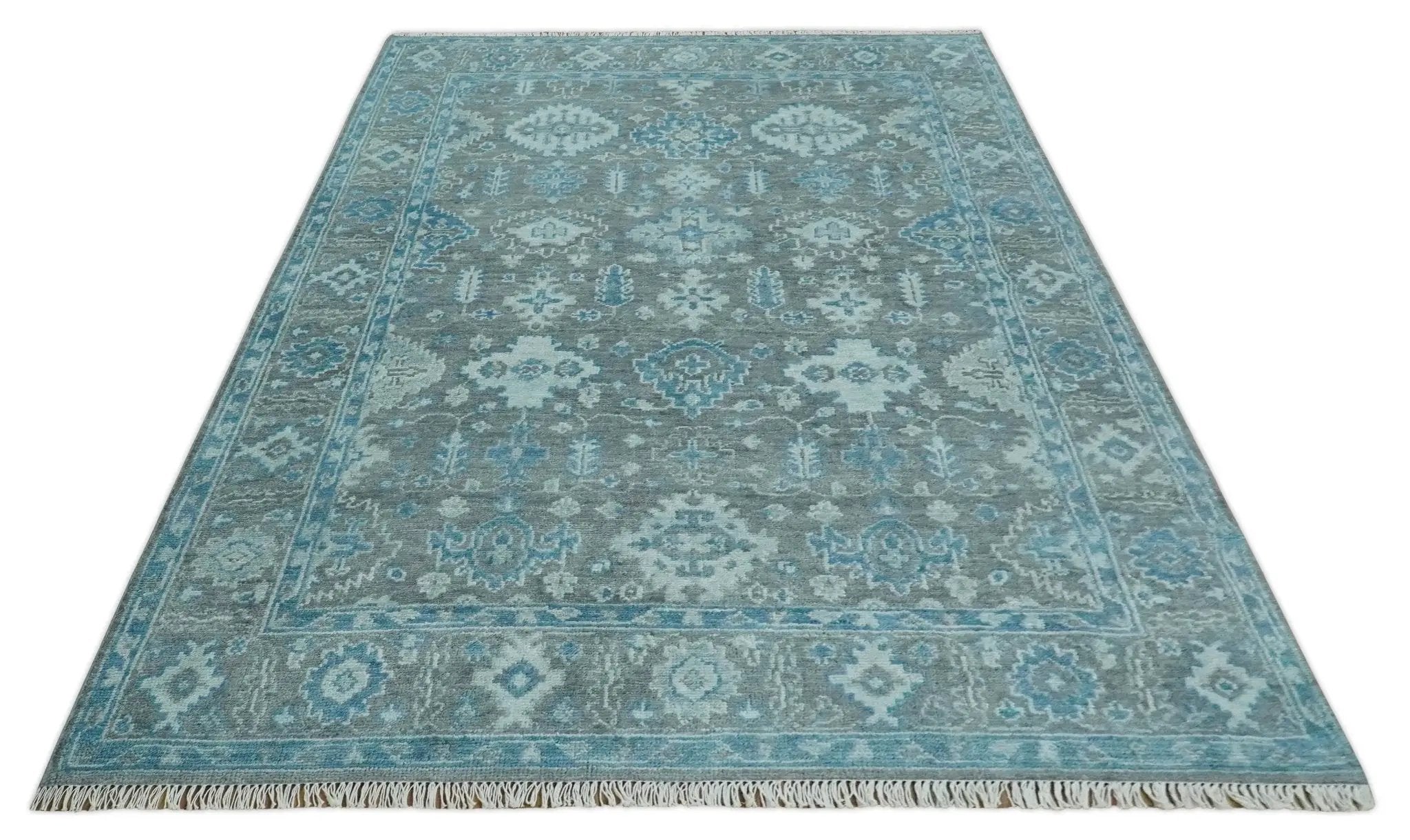 Antique Turkish Gray and Blue Hand Knotted 8x10 Wool Area Rug by The Rug Decor