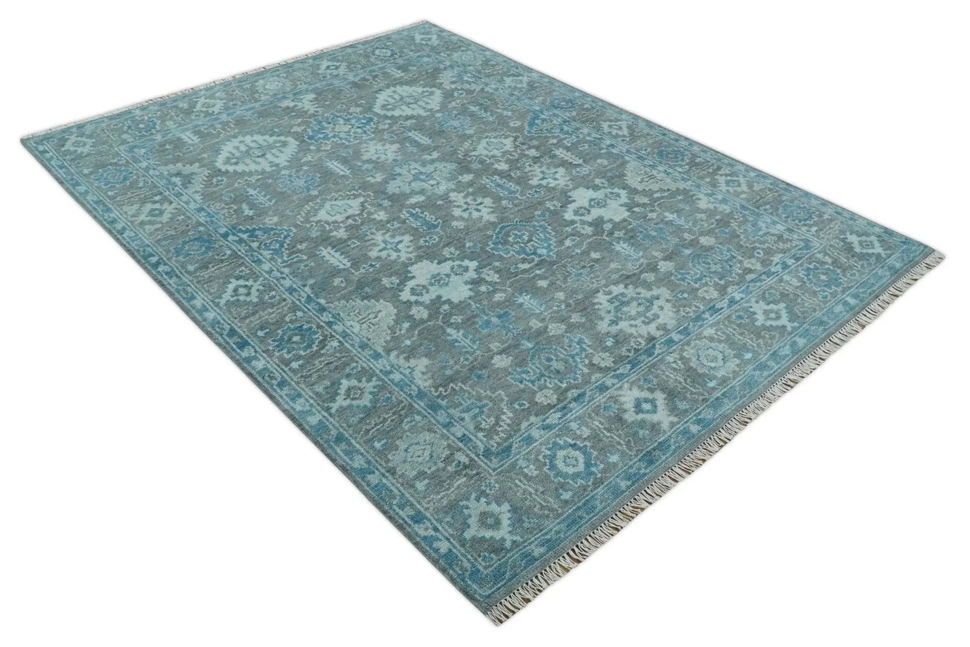 Antique Turkish Gray and Blue Hand Knotted 8x10 Wool Area Rug by The Rug Decor