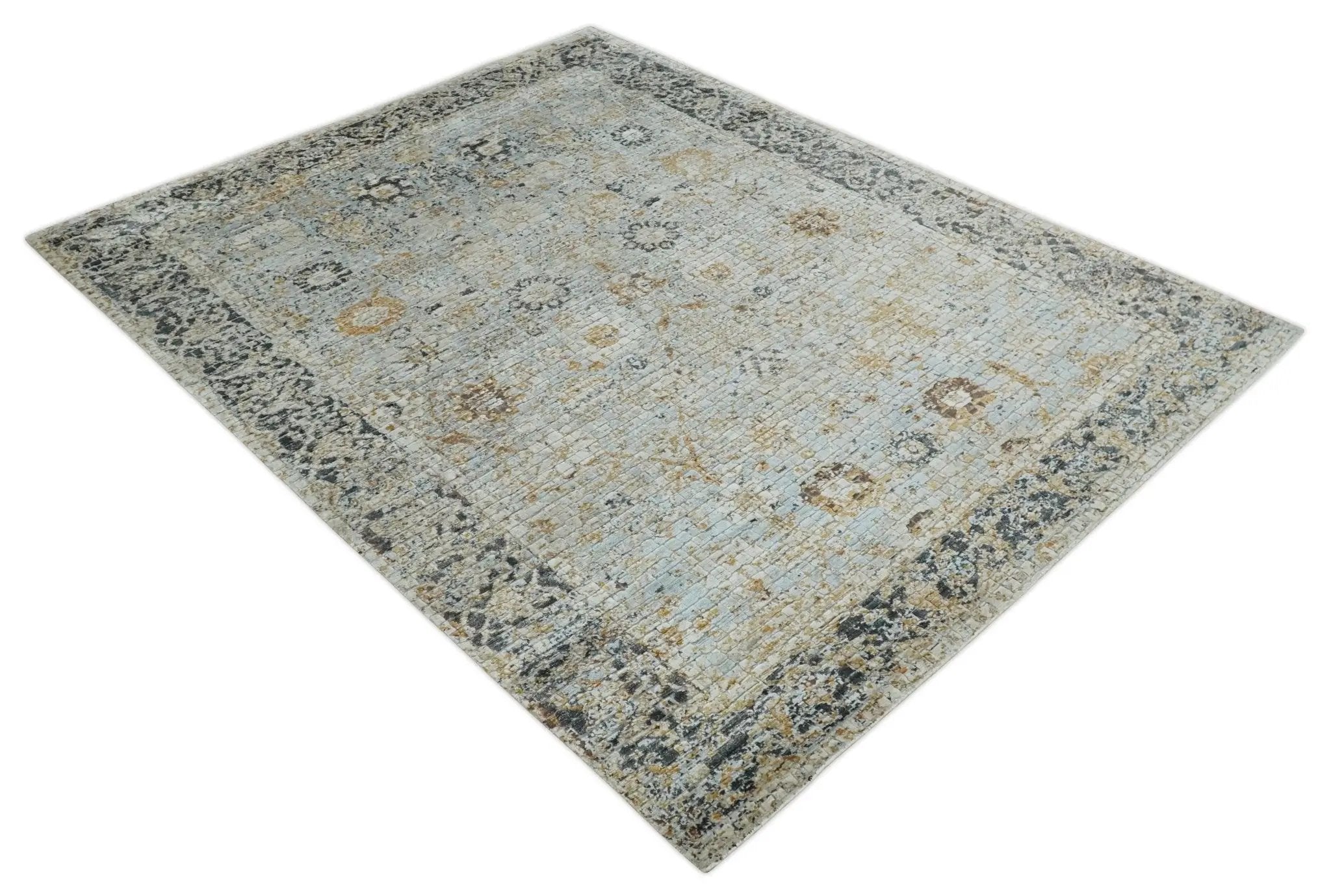 Antique look Aqua, Gold and Charcoal Hand Knotted Carved Texture Traditional Oriental Oushak 8x10 wool Area Rug by The Rug Decor