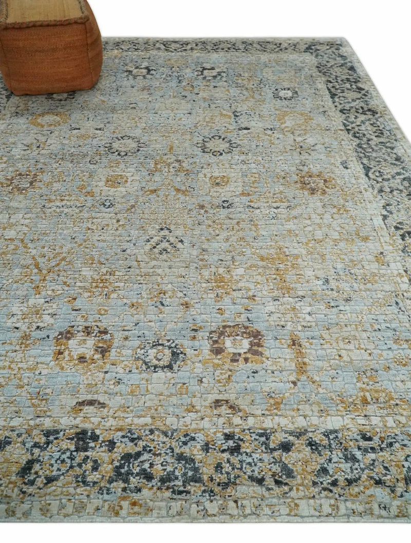 Antique look Aqua, Gold and Charcoal Hand Knotted Carved Texture Traditional Oriental Oushak 8x10 wool Area Rug by The Rug Decor
