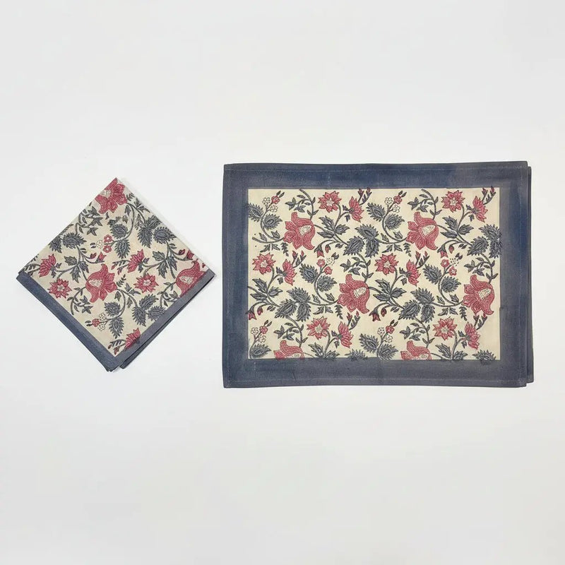 Antique Rose & Charcoal Table Linen Set – 13 Piece | Hand Block Printed Cotton | Runner, Placemats & Napkins by House Of Avana