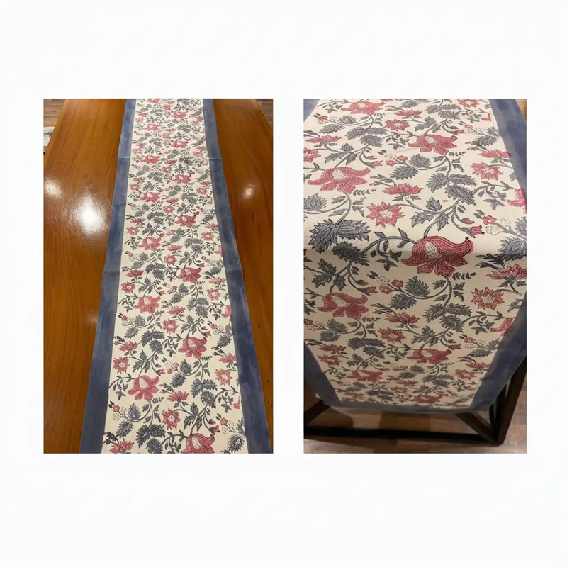 Antique Rose & Charcoal Table Linen Set – 13 Piece | Hand Block Printed Cotton | Runner, Placemats & Napkins by House Of Avana