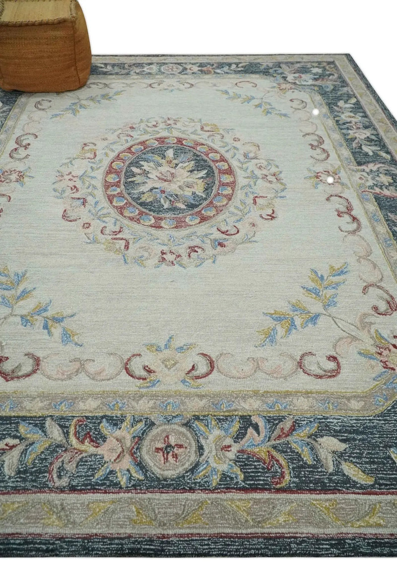Antique Style Beige and Charcoal Aubusson design Hand Tufted 8x10 wool Area Rug by The Rug Decor